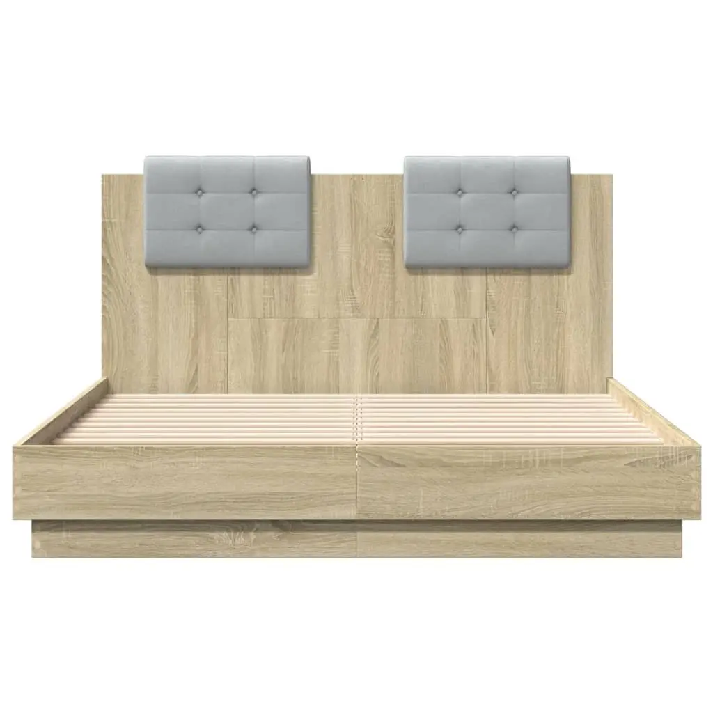 Bed Frame with Headboard Slatted Base 135x190 cm Sonoma Oak