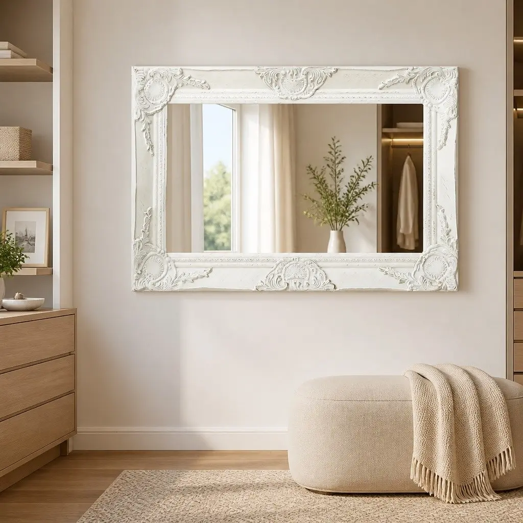 Wall Mirror Baroque Style 60x40 cm White Ornate Frame