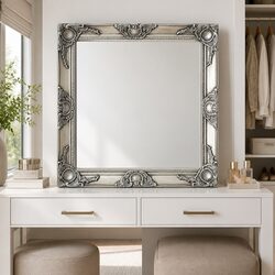Wall Mirror Baroque Style Silver Frame 60x60 cm Ornate Decor Home Living Room