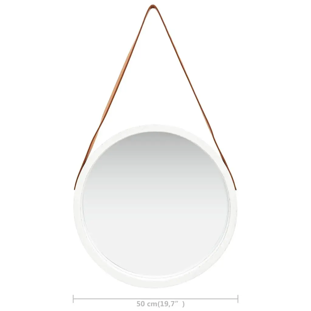 Round Wall Mirror 50cm White Adjustable Hanging Strap Retro Style Home Decor