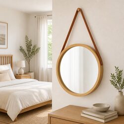 Round Wall Mirror 50cm Gold Frame Hanging Strap Bedroom Living Room Decor