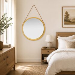 Round Wall Mirror 60cm Gold Frame Hanging Strap Bedroom Living Room Decor