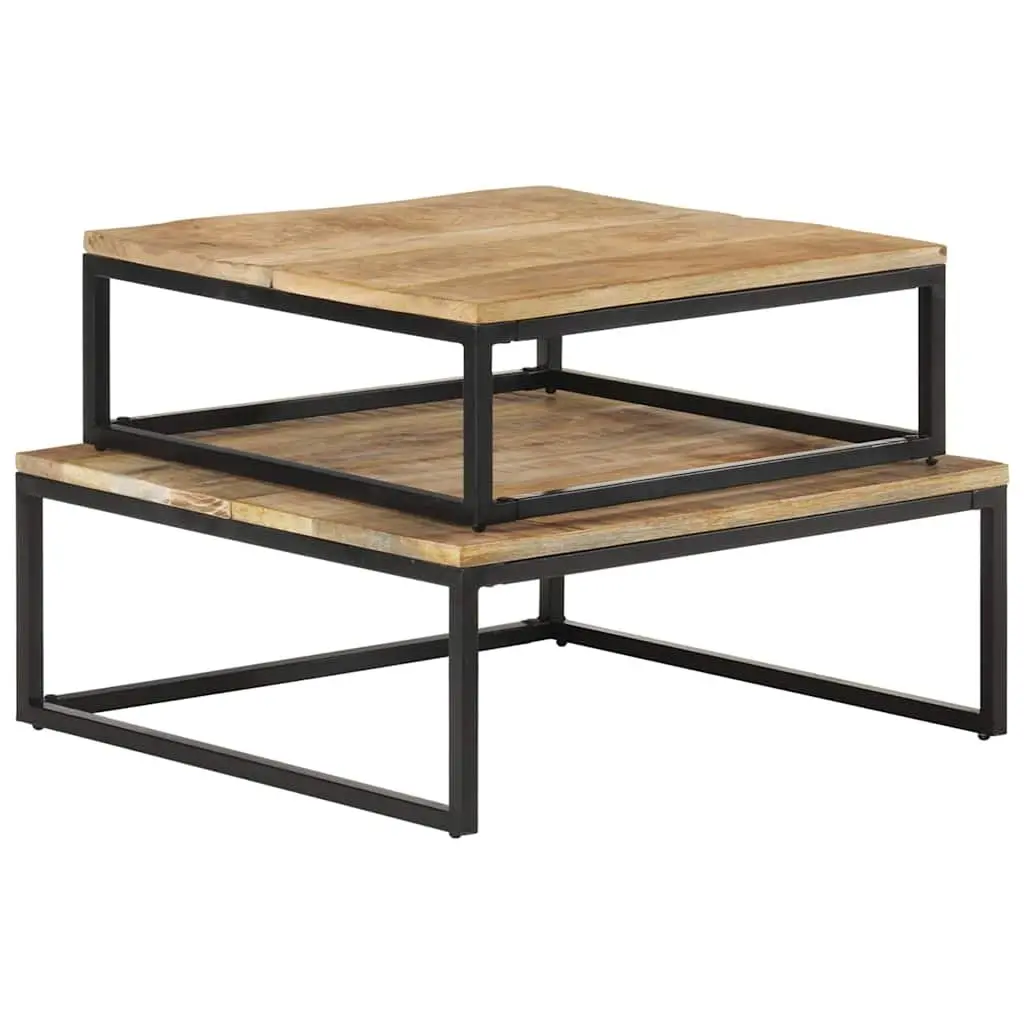 Nesting Coffee Tables Solid Mango Wood Brown 2 Piece with Black Iron Base