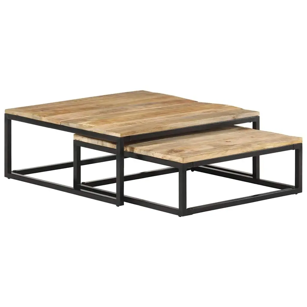 Nesting Coffee Tables Solid Mango Wood Brown 2 Piece with Black Iron Base