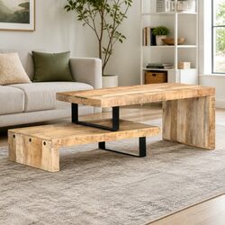 2 Piece Coffee Table Set Solid Mango Wood Brown Living Room Accent Furniture
