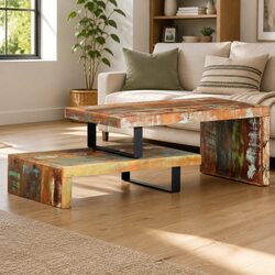 2 Piece Coffee Table Set Solid Reclaimed Wood Brown Living Room Accent Furniture