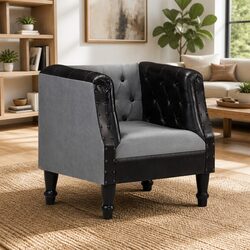 Black Leather Tub Chair with Solid Mango Wood Legs Curved Armrest Padded Seat