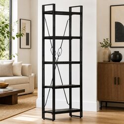 5-Tier Bookcase Black Industrial Shelving Unit Solid Mango Wood Storage Display
