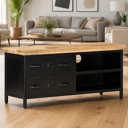 TV Cabinet 90x30x41 cm Rough Mango Wood Black Industrial Storage Unit
