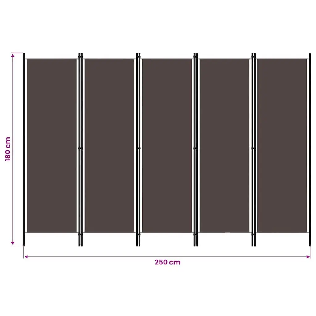 5-Panel Room Divider Folding Privacy Screen Freestanding Brown Fabric and Iron Frame 250 x 180 cm