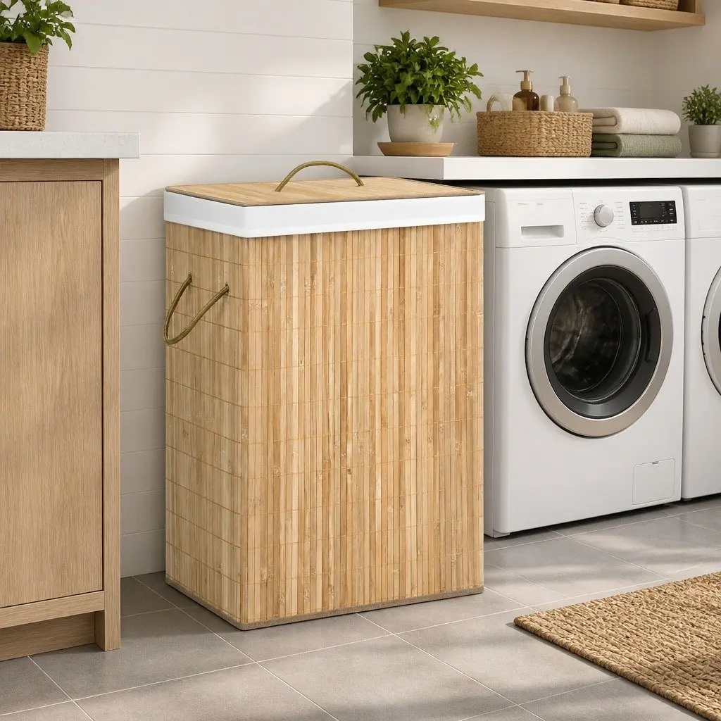 Bamboo Laundry Basket 72L with 2 Sections Foldable Hamper Storage Bin