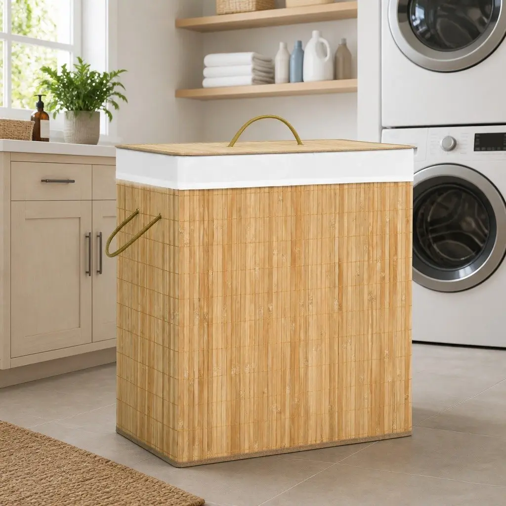 Bamboo Laundry Basket 2 Sections 100L Brown Household Storage Hamper with