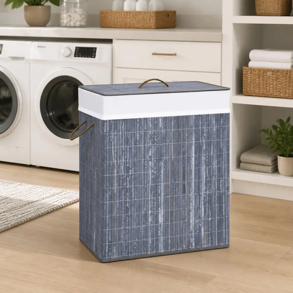 Bamboo Laundry Basket 2 Sections Grey 100L Household Storage Hamper Removable