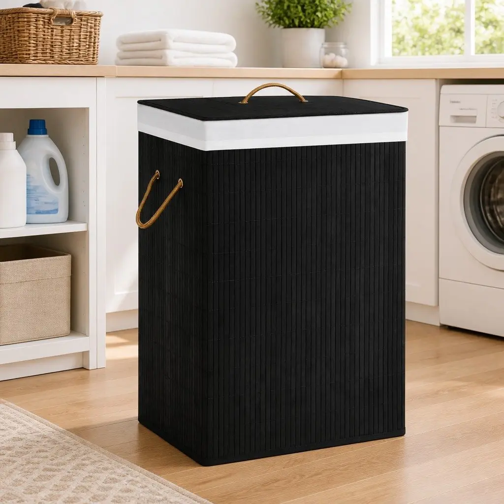 Bamboo Laundry Basket 2 Sections 72L Black Foldable Hamper with Liner Handles