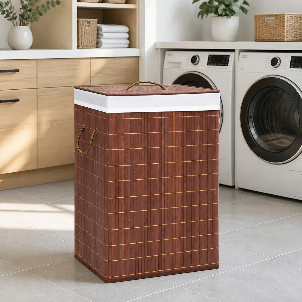 Bamboo Laundry Basket 2 Sections 72L Brown Foldable Hamper with Handles