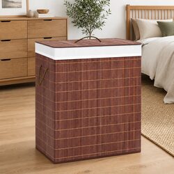 Bamboo Laundry Basket 2 Sections Brown Household Storage Organiser with Handles
