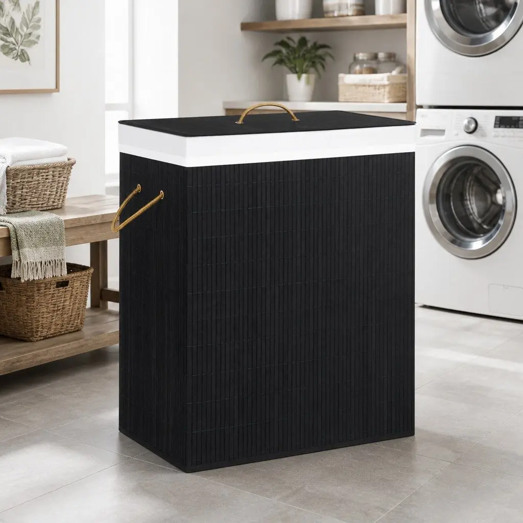Bamboo Laundry Basket Single Section Black 83L Household Storage Hamper with