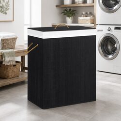 Bamboo Laundry Basket Single Section Black 83L Household Storage Hamper with