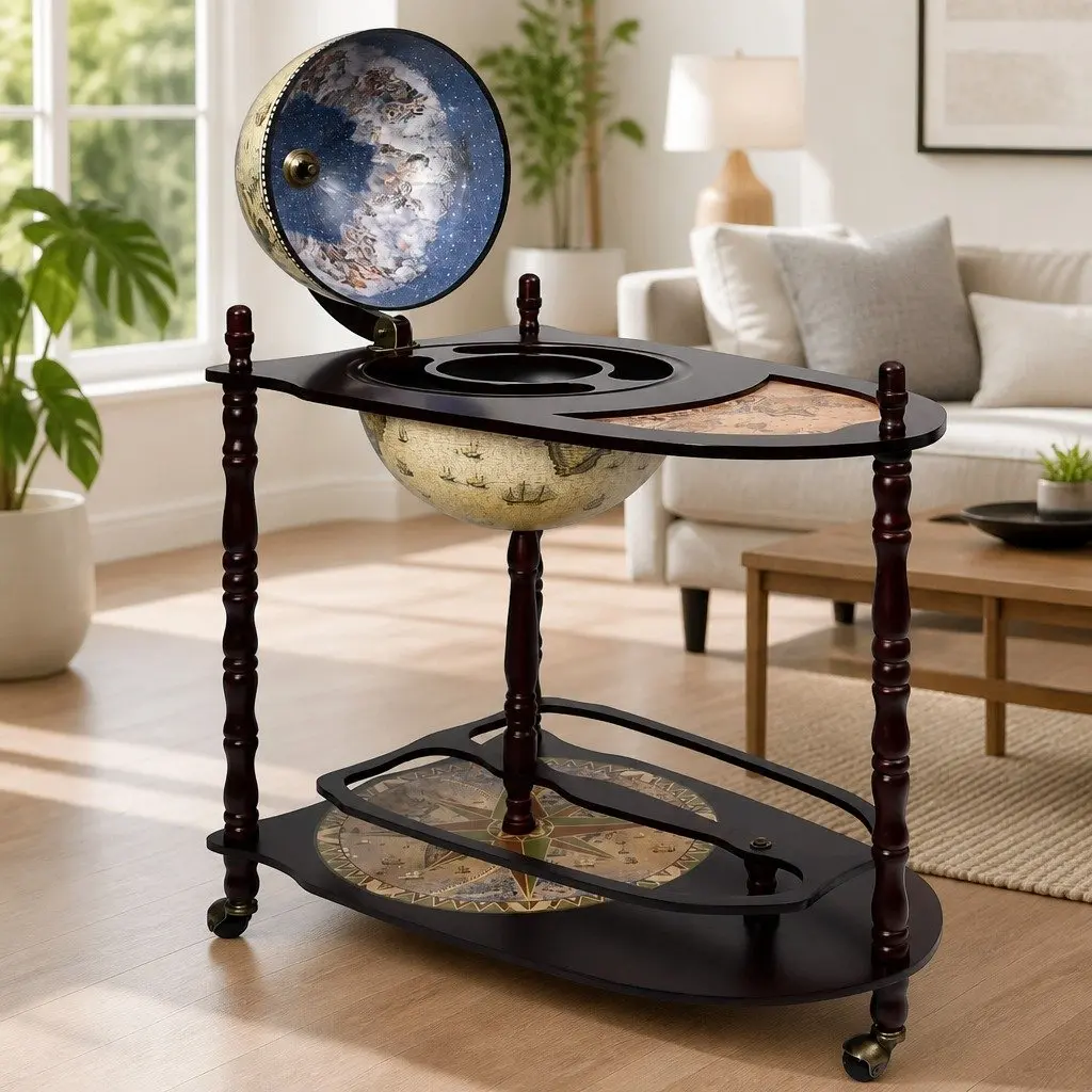 Freestanding Globe Bar Cabinet with Wheels Large Storage Green
