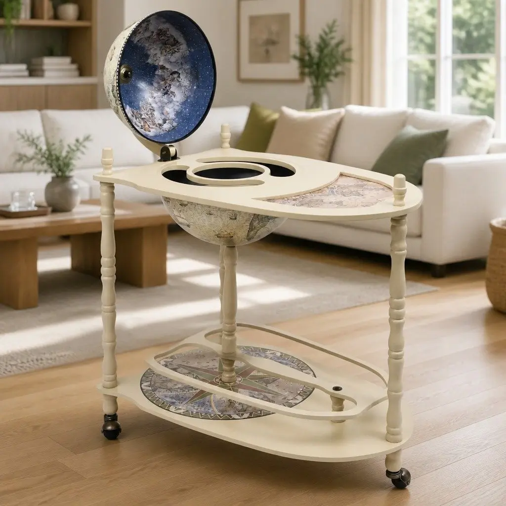 Freestanding Globe Bar Cabinet with Table Base Wheels Green