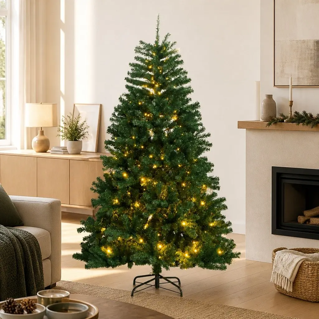 Artificial Christmas Tree Hinged 210cm Green 300 LEDs 8 Lighting Modes