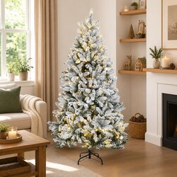 Artificial Hinged Christmas Tree 240cm 300 LEDs Flocked Snow Green White
