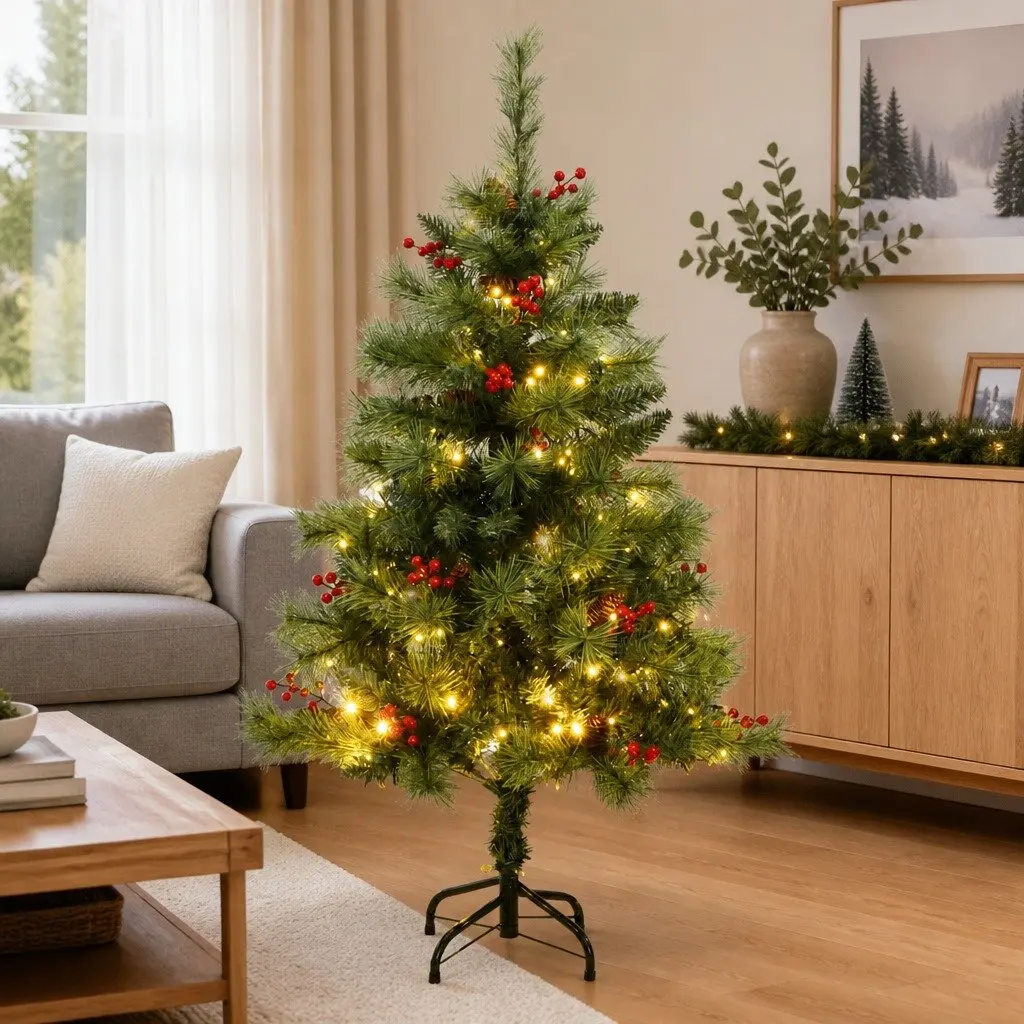 Artificial Christmas Tree Hinged 150cm 150 LED Lights Pre-decorated with Cones and Berries Holiday Decor