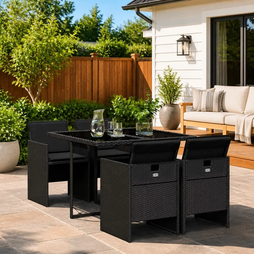Garden Dining Set 5 Piece Black PE Rattan Outdoor Furniture with Folding Chairs and Tempered Glass Table