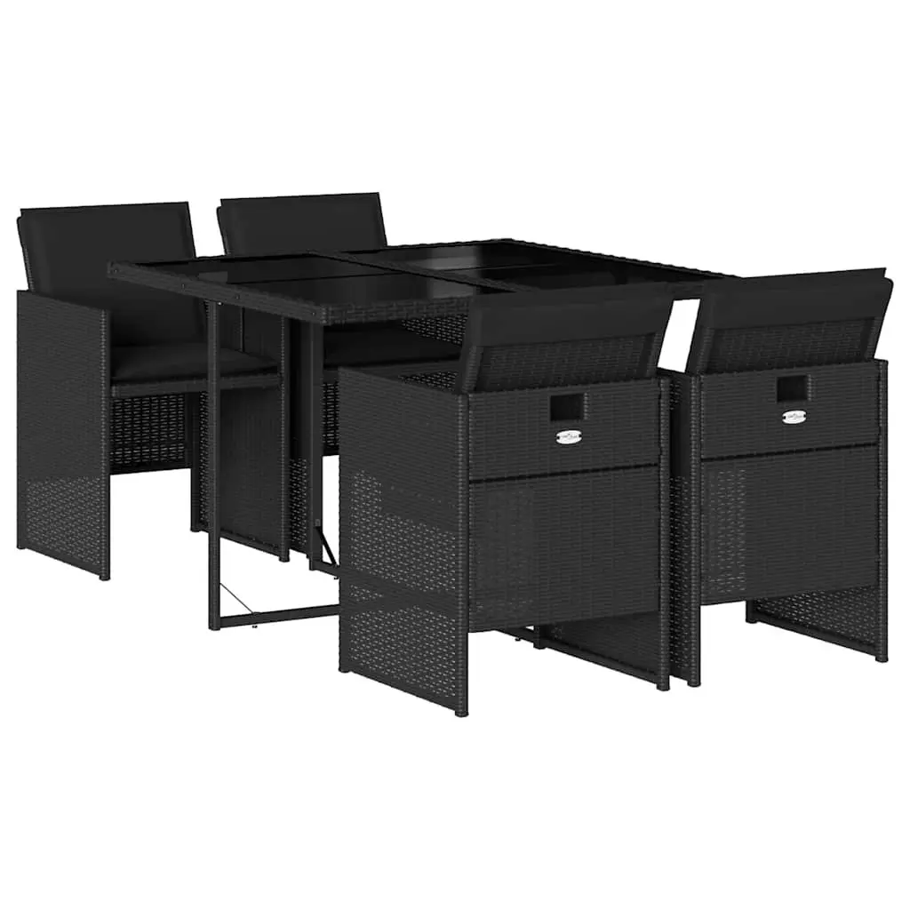 Garden Dining Set 5 Piece Black PE Rattan Outdoor Furniture with Folding Chairs and Tempered Glass Table