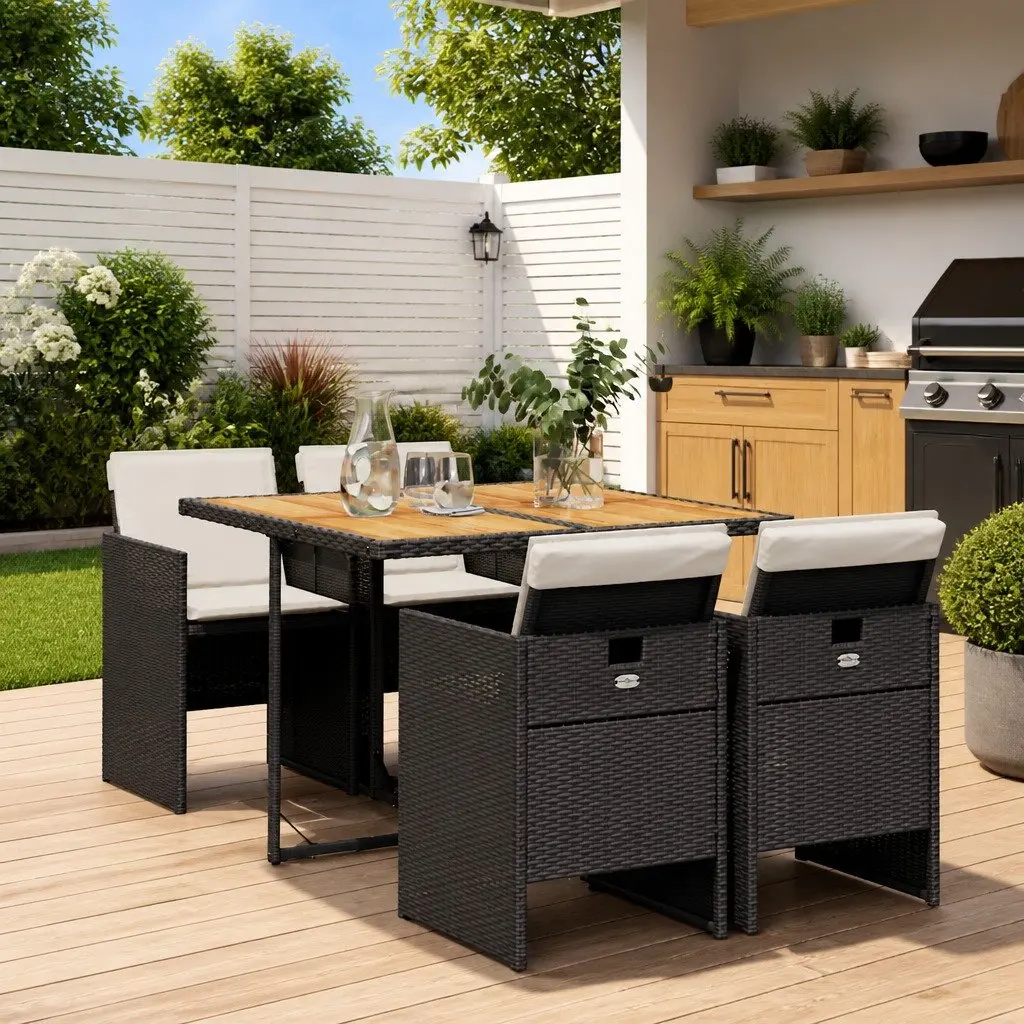 5 Piece Garden Dining Set PE Poly Rattan Outdoor Patio Furniture with Acacia Wood Tabletop and Cushions Black