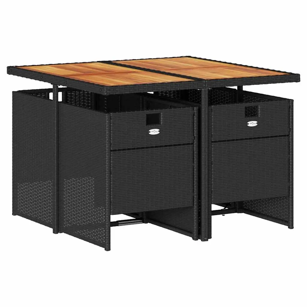 5 Piece Garden Dining Set PE Poly Rattan Outdoor Patio Furniture with Acacia Wood Tabletop and Cushions Black