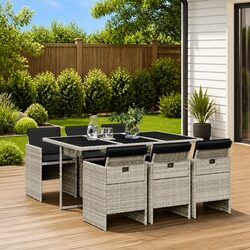7 Piece Outdoor Dining Set Light Grey Poly Rattan Patio Garden Furniture with
