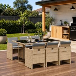 Garden Dining Set 7 Piece Outdoor Patio Furniture with Cushions Beige Poly
