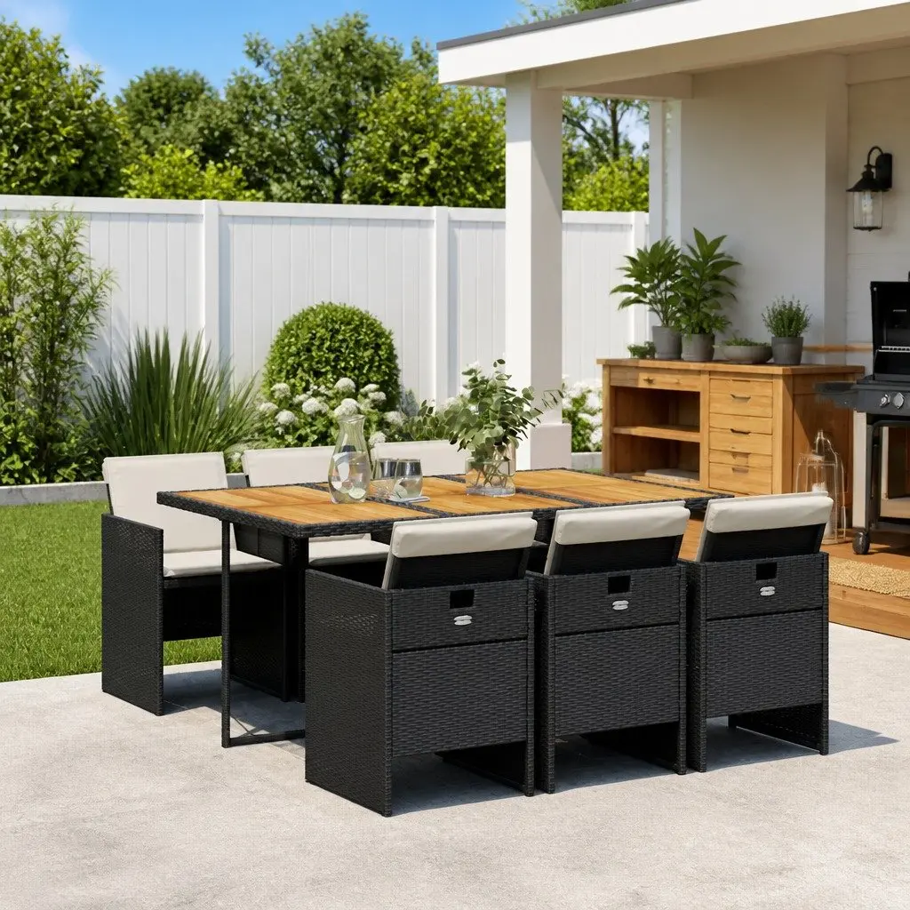 7 Piece Garden Dining Set Outdoor Patio Furniture Black Poly Rattan Chairs Table
