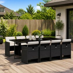 9 Piece Outdoor Garden Dining Set Black Poly Rattan Table Chairs with Cushions