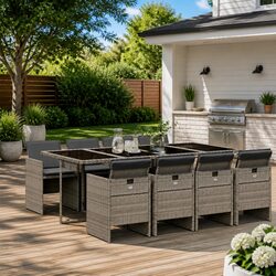 Garden Dining Set 9 Piece Grey Outdoor Furniture Table Chairs with Cushions