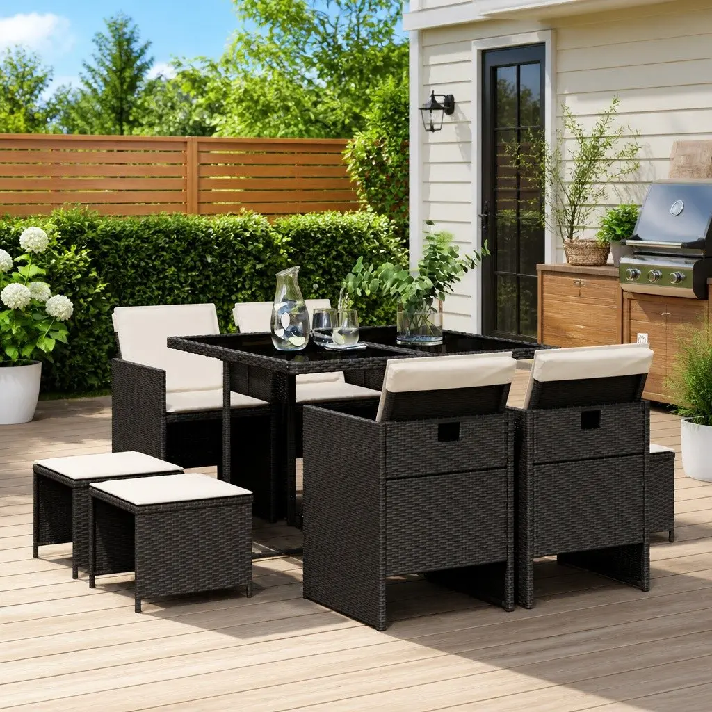 9 Piece Outdoor Dining Set PE Rattan Chairs Table with Cushions Black