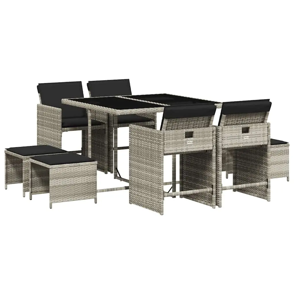 9 Piece Outdoor Garden Dining Set Grey PE Rattan Table Chairs Cushions