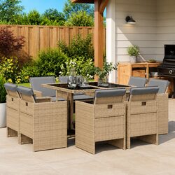 9 Piece Outdoor Garden Dining Set Poly Rattan Beige Patio Furniture with