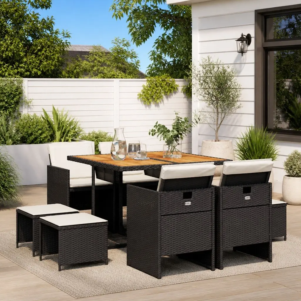 9 Piece Outdoor Dining Set Black Poly Rattan Chairs Acacia Wood Table