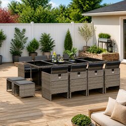 Garden Dining Set 13 Piece Outdoor Furniture Grey Poly Rattan Chairs Table