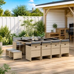 Garden Dining Set 13 Piece Outdoor Furniture Poly Rattan Beige Cushions Glass