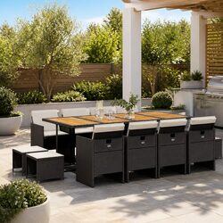 Outdoor Garden Dining Set 13 Piece Black PE Rattan Chairs Table Cushions Patio