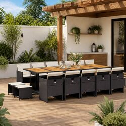 Garden Dining Set 15 Piece Outdoor Furniture Black PE Rattan Table Chairs