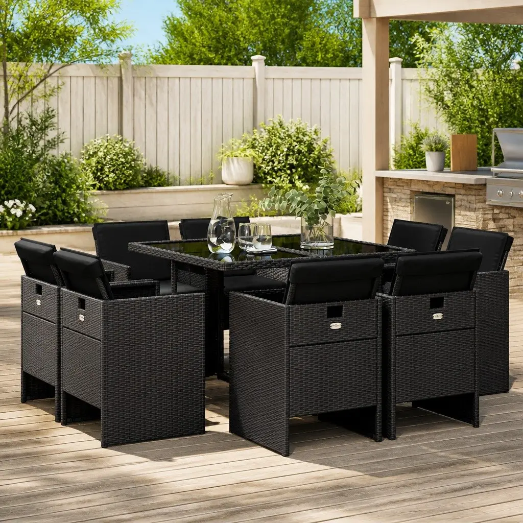 Garden Dining Set 9 Piece Outdoor Furniture Black Poly Rattan Chairs Table