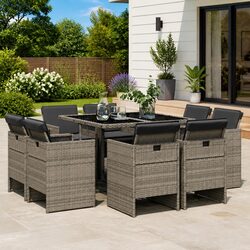 Garden Dining Set 9 Piece Outdoor Furniture Grey Poly Rattan Chairs Table
