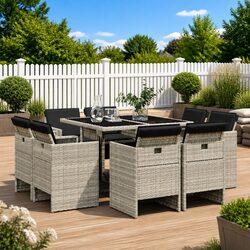 9 Piece Garden Dining Set Grey Poly Rattan Outdoor Furniture Patio Table Chairs