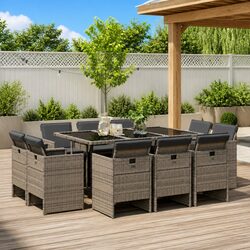 Garden Dining Set 11 Piece Grey Poly Rattan Chairs Table Outdoor Patio Furniture