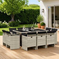 Garden Dining Set 11 Piece Outdoor Furniture Grey Poly Rattan with Cushions