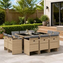 Garden Dining Set 11 Piece Outdoor Furniture Beige Poly Rattan Cushions Patio